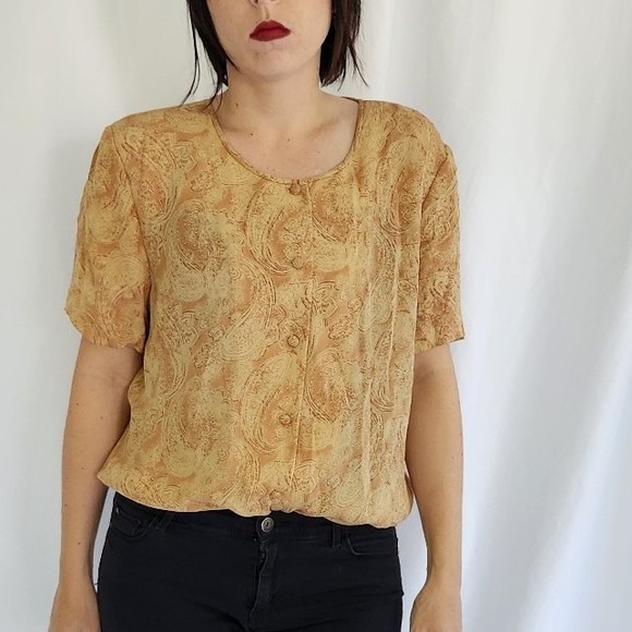 Vintage Tops - 90s Sheer Yellow‎ Paisley Silk Blouse